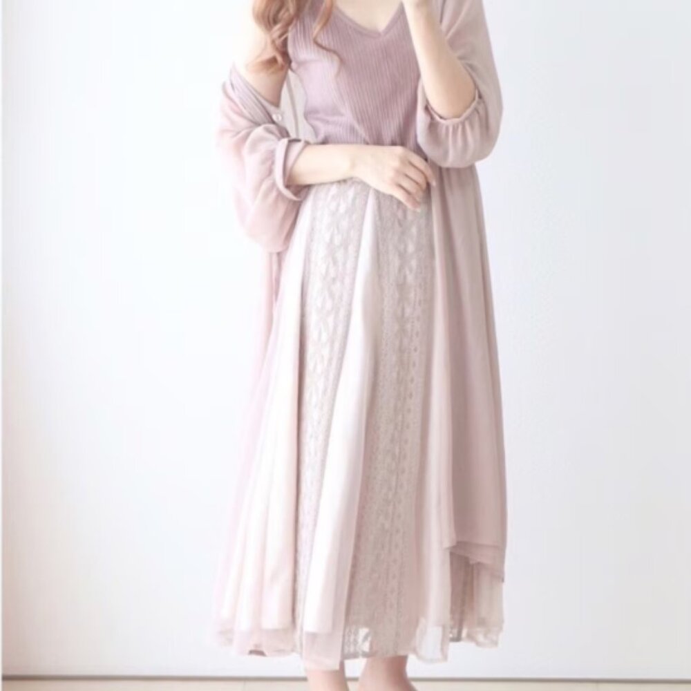 Noela Japan Pink High-Waisted Sheer Lace Patchwork Versatile Midi Skirt Size S
